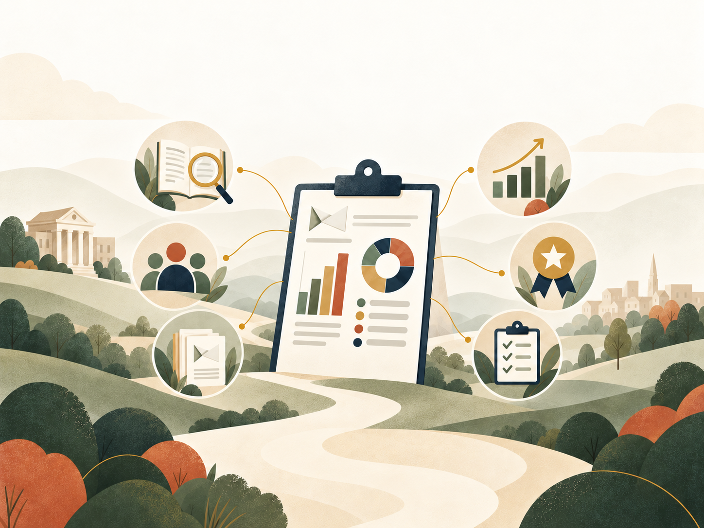 landscape with pictograph imagery of analysis and benchmarking